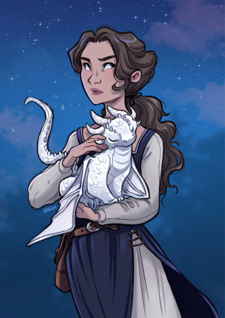 Dessin signé @feilyn, qui représente Élyne, jeune femme vêtue d'une robe sombre et au regard déterminé, qui porte dans ses bras Flocon, un petit dragon blanc, devant un fond étoilé.