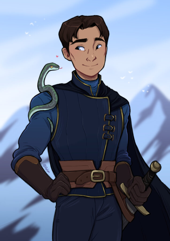 Dessin signé @feilyn, qui représente Darel, jeune homme vêtue d'un uniforme militaire bleu sombre, qui lance un regard attendri en direction d’un petit serpent enroulé autour de son bras. En arrière-plan, on voit des montagnes.