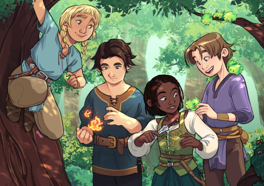 Dessin signé @feilyn, qui représente quatre adolescents dans une forêt ensoleillée. Une jeune fille blonde grimpée sur le tronc d’un arbre tient un pendentif qui brille d’une couleur verte, son voisin brun manipule des flammes magiques, sa voisine aux cheveux crépus tient un couteau de lancer et regarde une bestiole magique poilue tenue par son voisin aux cheveux chatains.